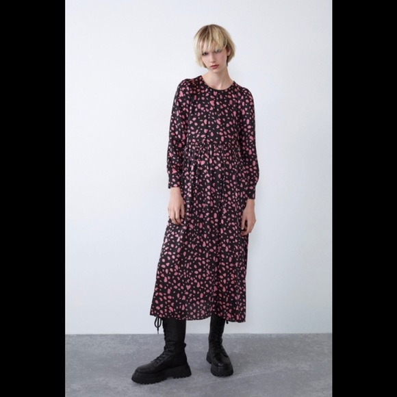 Zara Dresses & Skirts - Zara Size Medium Black With Pink Polka Dots Printed Long Sleeve Midi Dress